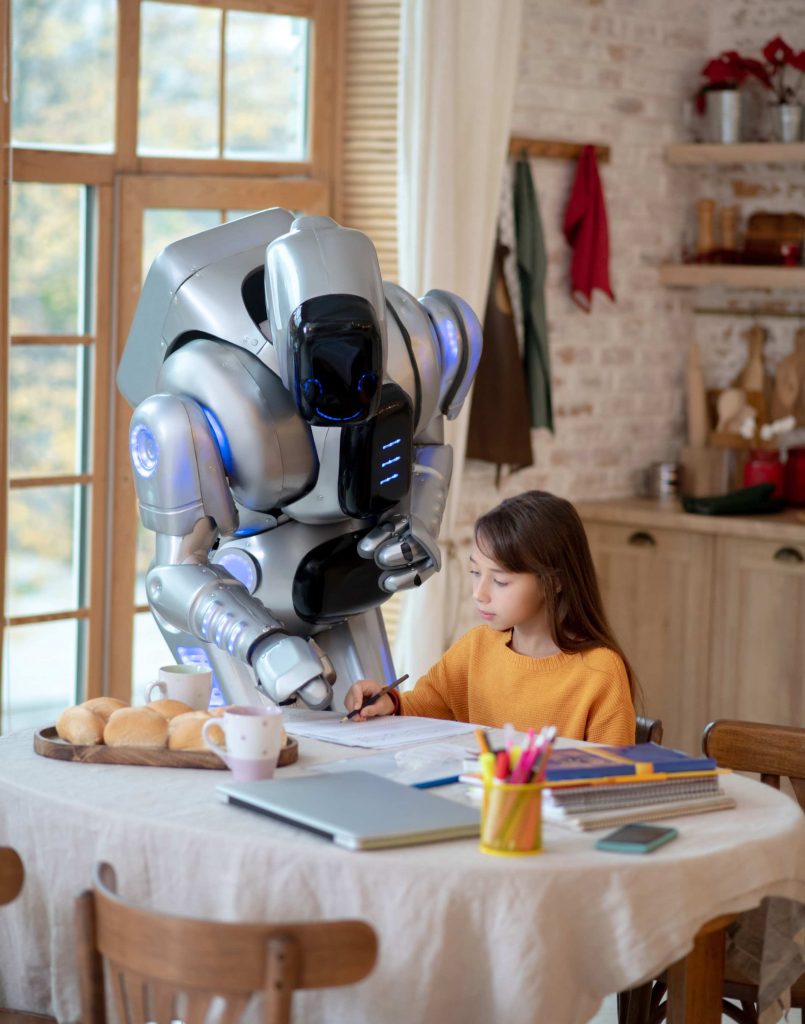 Robot teacher pointing to mistake in writing