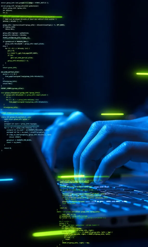 Neon code and typing hands